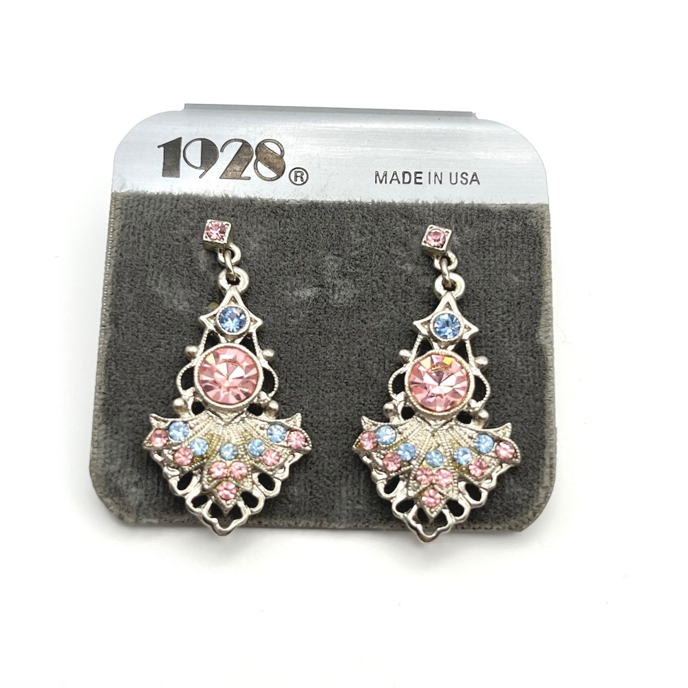 1928 Jewelry Vintage Silver Tone Pink Blue Rhinestone Filigree Drop Earrings NEW